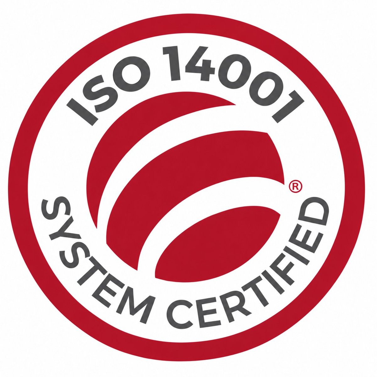 Distintivo ISO 14001 System Certified, círculos concéntricos rojos y blancos con texto de certificación